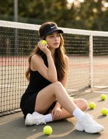 Luxury Tennis Court Fashion Editorial — Nano Banana 2 AI Prompt: Use the uploaded image as the SINGLE model reference. The woman in the photo is...