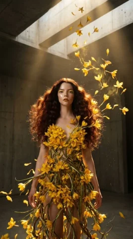 Surreal Botanical Couture Fashion Editorial — Nano Banana 2 AI Prompt: { "vibe_title_en": "Zero-Gravity Botanical Collision of Concrete and Saffron",...