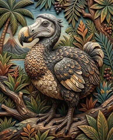 Realistic Dodo Bird Illustration — Nano Banana 2 AI Prompt: a dodo bird. Its body is plump and rounded, covered in dark gray and brown feath...