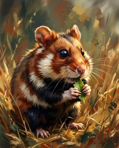 European Hamster Wildlife Photography — Nano Banana 2 AI Prompt: A close-up, eye-level shot captures a European hamster in a field of dry grass....