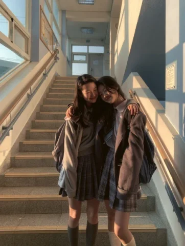 Korean School Candid Portrait — Nano Banana 2 AI Prompt: 2 female high school students standing on a school staircase, warmly hugging eac...