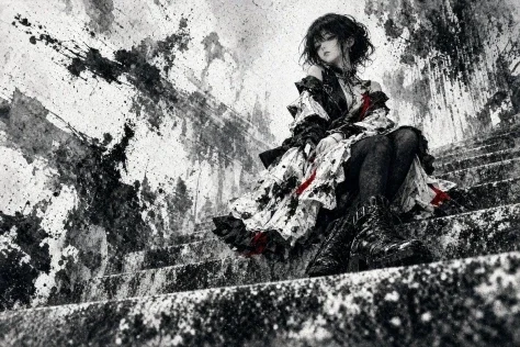 Gothic Girl on Ink-Splattered Stairs