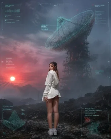 Sci-Fi Misty Antenna Terrain — GPT Image 2.5 AI Prompt: A cinematic, science-fiction shot of the attached model, her expression, clothin...