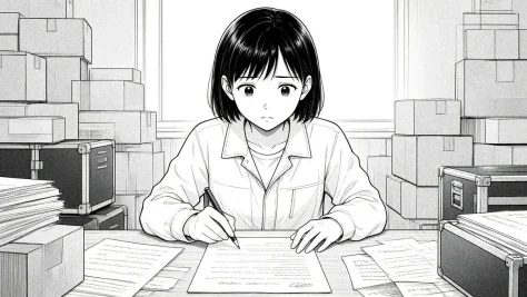 Manga Woman Writing in Storage Office — GPT Image 2.5 AI Prompt: Create a monochrome manga-style illustration in a wide 16:9 frame. A young Japan...