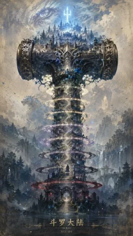 Epic Douluo Fantasy Tower Poster — GPT Image 2.5 AI Prompt: Create a vertical epic fantasy poster illustration in a painterly watercolor-and...