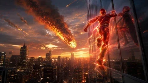 Speedster vs Meteor Cityscape — GPT Image 2.5 AI Prompt: Create a cinematic wide-angle superhero action scene at sunset over a dense mode...