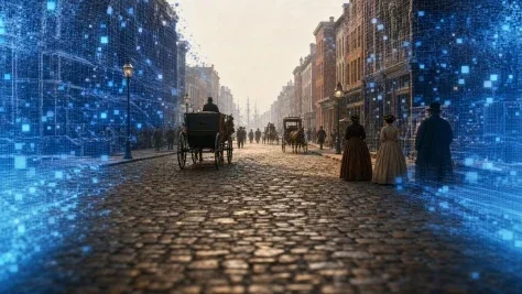 AI Time-Travel Street Panorama — GPT Image 2.5 AI Prompt: Create a cinematic ultra-wide historical street-view scene showing New York City...