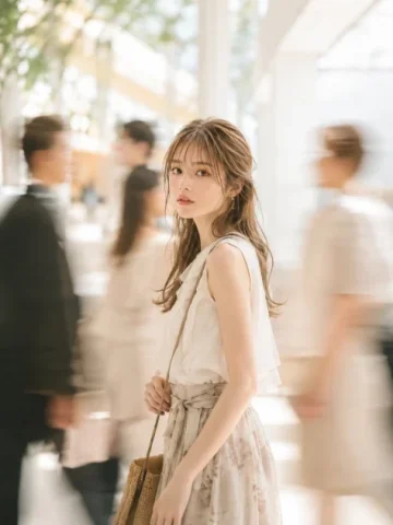 Indoor Passage Portrait with Motion Blur — GPT Image 2.5 AI Prompt: Subject: Looking back at a crowd in broad daylight Main Subject: A thigh-up por...