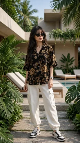 Luxury Tropical Villa Fashion Portrait — GPT Image 2.5 AI Prompt: Ultra-photorealistic full-body fashion photo of a stylish young woman standing i...