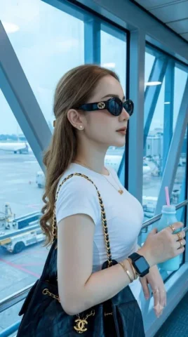 Modern Airport Travel Portrait — GPT Image 2.5 AI Prompt: A realistic, high-resolution portrait of a young woman standing inside a modern...