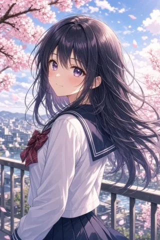 Anime Girl Under Sakura Blossoms — GPT Image 2.5 AI Prompt: Create a polished anime-style vertical portrait of a high school girl standing o...