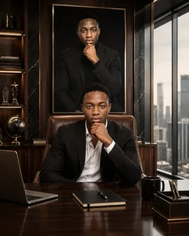 Luxury Executive Future Self Portrait — GPT Image 2.5 AI Prompt: Create a cinematic executive portrait of a young Black man seated behind a polis...