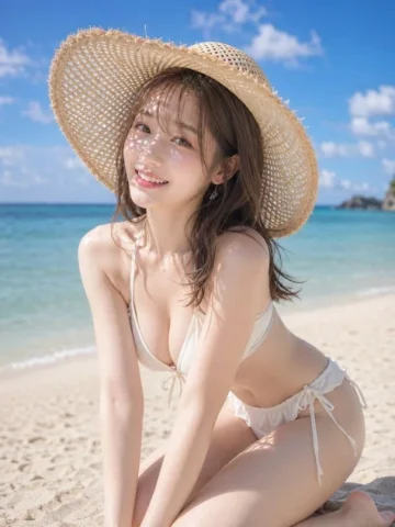 Straw Hat Shadows Beach Portrait — GPT Image 2.5 AI Prompt: Subject: White sand smiling in the woven shadow Main Subject: In a thigh-up por...