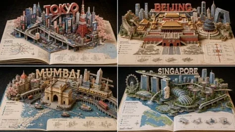 Miniature Pop-up Book Diorama — Nano Banana 2 AI Prompt: 2x2 grid, 16:9, do this for 4 important Asian cities: Generate a photoreal minia...