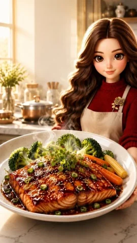 E-commerce Main Image - Pixar-Style Salmon Dinner Ad — GPT Image 2.5 AI Prompt: Create an ultra-realistic 3D Pixar/Disney-inspired vertical food advertisement i...