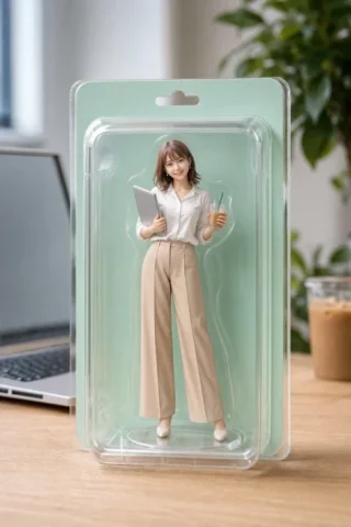 E-commerce Main Image - Office Worker Blister Pack Figure — GPT Image 2.5 AI Prompt: Create a photorealistic product-style image of a custom collectible action figur...