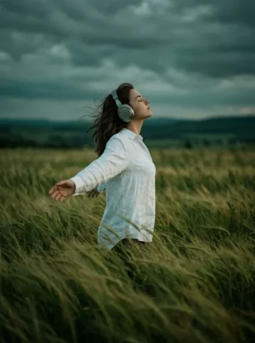 Moody Cinematic Woman Portrait in Grass — Nano Banana 2 AI Prompt: moody cinematic portrait, lone young woman in tall grass field at dusk, overcast...