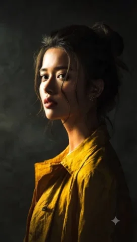 Moody Painterly Portrait — Nano Banana 2 AI Prompt: A dramatic, medium-shot portrait of a woman with dark hair styled in a messy upd...