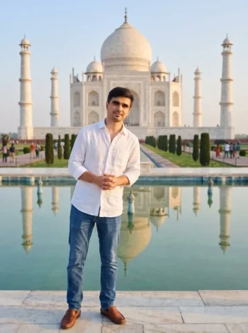 Taj Mahal Travel Portrait — Nano Banana 2 AI Prompt: Generate a hyper-realistic image of a man whose facial features perfectly match...