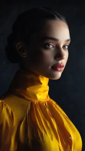 Yellow Silk Studio Portrait — Nano Banana 2 AI Prompt: A series of three photorealistic studio portraits featuring the same young woman...