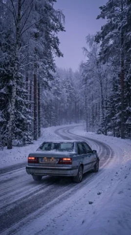 Cinematic Winter Road Landscape — Nano Banana 2 AI Prompt: Ultra-realistic cinematic winter road scene, rear view of a dusty silver-blue 19...