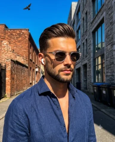 Urban Street Style Male Portrait — Nano Banana 2 AI Prompt: A handsome male in his late twenties to early thirties stands at the center of t...