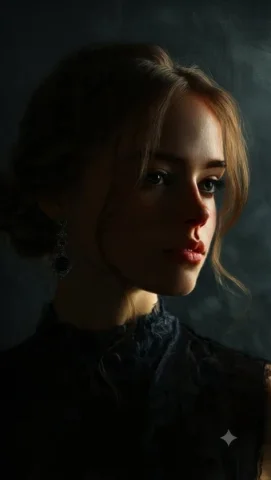 Fine Art Oil Portrait of a Young Woman — Nano Banana 2 AI Prompt: Dramatic, fine art oil portrait of a young woman with light brown hair styled in...