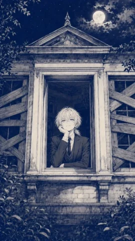 Moonlit Mansion Anime Album Cover — GPT Image 2.5 AI Prompt: Create a vertical anime album-cover illustration in a monochrome deep navy and a...