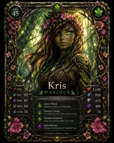 Fantasy Dryad RPG Character Card — GPT Image 2.5 AI Prompt: Goal: Create a highly detailed fantasy RPG character card featuring Kris as a fo...