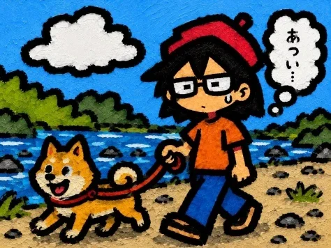 Riverside Dog Walk Character Expansion — GPT Image 2.5 AI Prompt: Using REFERENCE_0 as the character base, expand it into a full illustrated outdo...