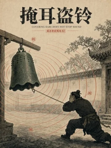 Chinese Idiom Bell Theft Poster — GPT Image 2.5 AI Prompt: Goal: Create a vintage Chinese idiom visualization poster for 掩耳盗铃, showing...