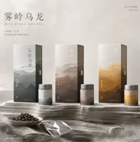 E-commerce Main Image - Tea Packaging Terrain Visual Concept — GPT Image 2.5 AI Prompt: Design a set of tea packaging key visuals for a packaging design proposal, with...