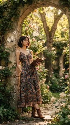 Serene Literary Garden Escape — Nano Banana 2 AI Prompt: A serene literary escape amidst blooming garden ruins, where quiet pages meet ti...