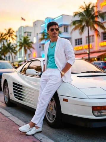 80s Retro Miami Ferrari Portrait — Nano Banana 2 AI Prompt: Subject: A charismatic late-20s man. Clothing: WHITES linen blazer (sleeves roll...