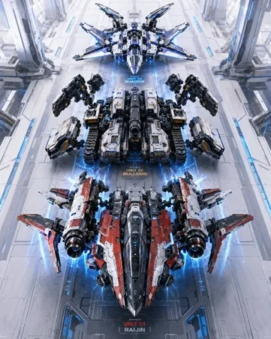 Three Mecha Combination Lineup — GPT Image 2.5 AI Prompt: Create a high-detail vertical sci-fi concept art scene showing a “combination se...