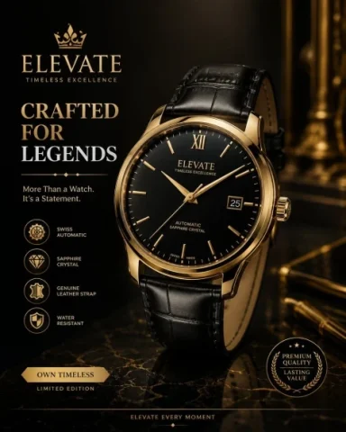 Luxury Wristwatch Mockup Advertisement — GPT Image 2.5 AI Prompt: Design a luxury wristwatch mockup with dark background, gold highlights, leather...