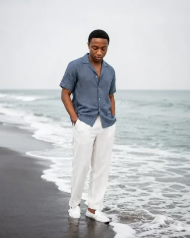 Calm Beach Portrait — GPT Image 2.5 AI Prompt: Create a realistic full-body editorial portrait of a young Black man with short...