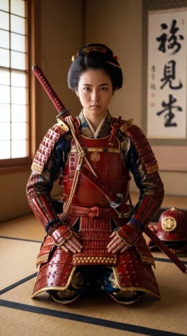 Japanese Samurai Woman in Red Armor — Nano Banana 2 AI Prompt: A stunning young East Asian woman with porcelain skin, sharp almond eyes, and fu...