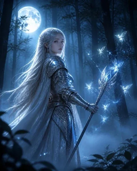Silver-haired Warrior in Moonlight Forest