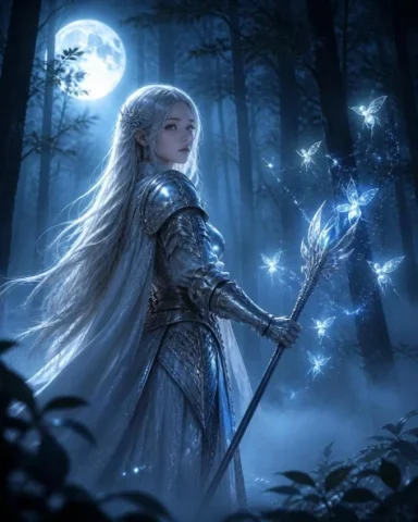 Silver-haired Warrior in Moonlight Forest — GPT Image 2.5 AI Prompt: A silver-haired female warrior standing in a misty forest, with pale moonlight i...