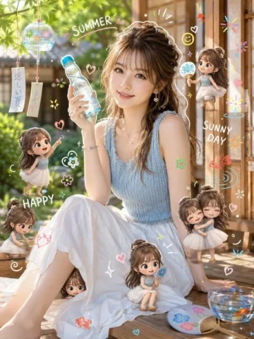 Summer Afternoon with Chibi Characters — GPT Image 2.5 AI Prompt: Subject: Cool Summer Time on the Porch Main Subject: A woman in her 20s sitting...