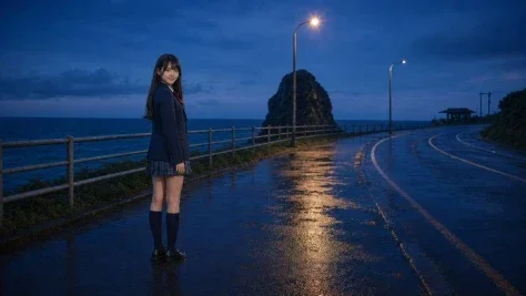 Rainy Coastal Schoolgirl Scene — GPT Image 2.5 AI Prompt: Create a cinematic photorealistic wide shot of a Japanese high school girl stand...