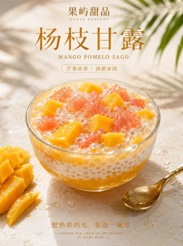 Premium Mango Pomelo Sago Dessert Poster — GPT Image 2.5 AI Prompt: High-end realistic dessert/beverage poster, themed on Mango Pomelo Sago. A trans...