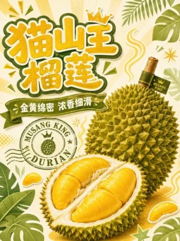 Musang King Durian Commercial Poster — GPT Image 2.5 AI Prompt: Vertical 3:4 Musang King Durian themed commercial poster, with a warm cream-whit...