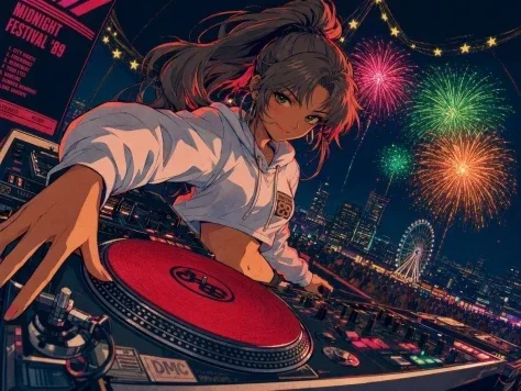 90s Retro Anime DJ Girl — GPT Image 2.5 AI Prompt: Retro 90s anime-style illustration; a low-angle fisheye shot looking up from the...