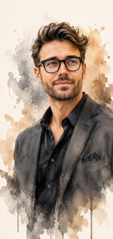 Refined Watercolor Portrait of a Mature Man — GPT Image 2.5 AI Prompt: A refined watercolor-style portrait of a confident, mature man with short salt-a...