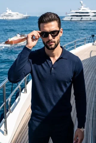 Luxury Yacht Male Model Portrait — Nano Banana 2 AI Prompt: A confident young male model stands centered facing the camera, radiating a pose...