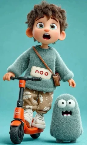 Pixar Scooter Boy — Nano Banana 2 AI Prompt: 3D Pixar-style animated child character, cute young boy with messy brown hair an...