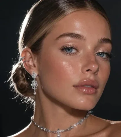 Silver Jewelry Close-Up — Nano Banana 2 AI Prompt: An extreme close-up focusing on a pretty lady's face and neck. She has blue eyes...