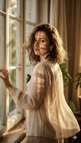 Window Blind-Shadow Fashion Portrait — Nano Banana 2 AI Prompt: A high-fashion editorial portrait of a young woman standing by a large, rustic w...